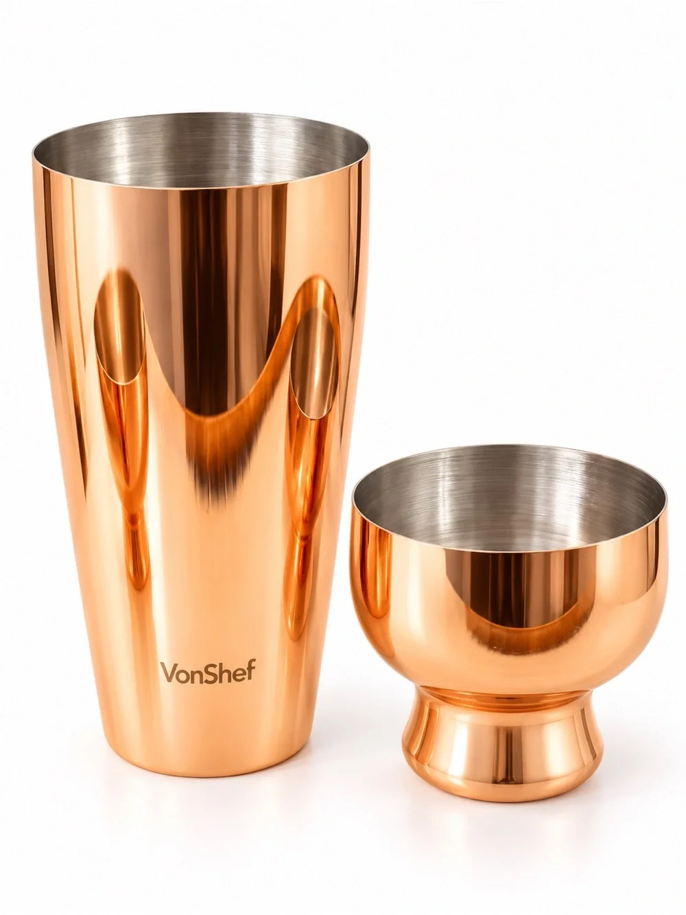 VonShef Copper Cocktail Barware Set 4pc Luxe Bar Cart Shaker Jigger Strainer